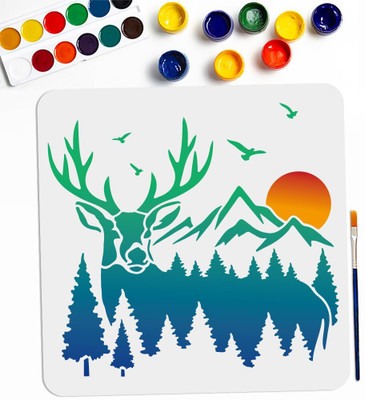Devasya Crafts Deer Mountain Forest Stencil 11.8×11.8inch Large Forest Wildlife Animal Stencils with Paint Brush Forest Sunset Flying Bird Pine Tree Drawing Template for Craft Furniture Fabric Wall Stencil(Pack of 1, Art Stencils)