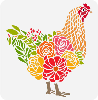 IVANA'S Chicken Stencil 11.8x11.8inch Rooster with Flowers Grass Drawing Template Hen FIN-0066 Modern Art & Craft Stencil(Pack of 1, Floral, Abstract, Unique)