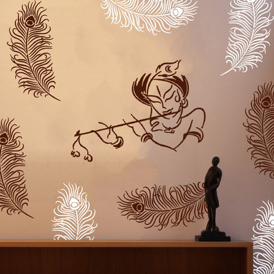 ARandNJ Combo Painting Wall Stencils (Size:- 16X24 Inch) SPIRITUAL Pattern Theme- Lord Krishna and Mayuri Feather DIY Reusable Design Ideal For Home Entrance, Pooja Room & Office Decoration Modern Wall Arts Stencil(Pack of 2, Wall Stencil)