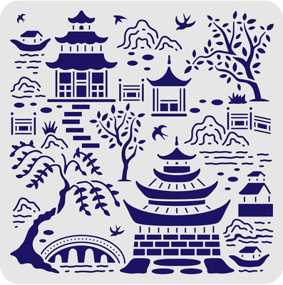 IVANA'S Secret Garden Toile Drawing Stencil 11.8x11.8inch Reusable Birds Tree Mountains FIN-1568 Modern Art & Craft Stencil(Pack of 1, Floral, Abstract, Unique, Border Stencil)