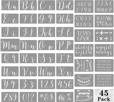 DEQUERA Large Cursive Block Letter Number Stencil Reusable Template Alphabet Painting fo r Wood Burning Wall Art Chalkboard Sign Set of 45 Pcs in 2 Font 212 Character De sign Stencil(Pack of 1, Larger Letter Stencil)