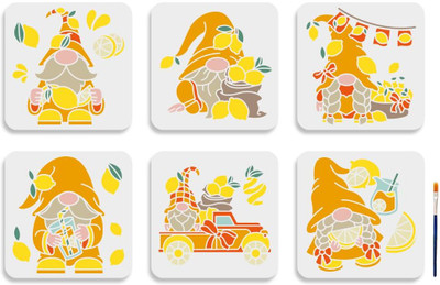 Devasya Crafts 6pcs Lemon Gnome Stencils 8×8inch Gnome Themed Stencils with Paint Brush Reusable Summer Lemon Juice Truck Drawing Template for Canvas Wall Wood DIY Craft Home Decor Stencil(Pack of 1, Art Stencils)