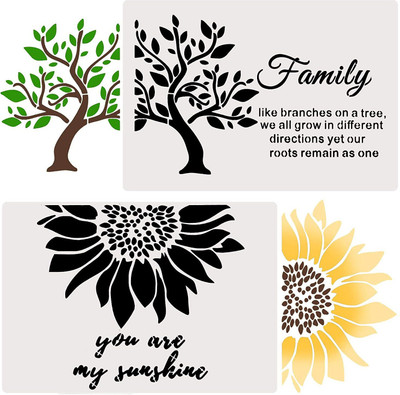IVANA'S 2 Pieces Sunflower Stencils Template Reusable Stenciling Templates You are My Su nshine Stencil Family Tree Stencil Plastic Inspirational Word Stencils for Paint ing on Wood Wall, 11.42 x 8.26 Inch Stencil(Pack of 2, Art & Craft Paitning Stencil)