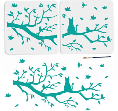 Devasya Crafts 2pcs Cat Bird On Branch Stencils Cat Birds Tree Branches Stencil Splicing Size 22×10.9inch with Paint Brush Painting on Wood Fabric Canvas Wall DIY Art Projects Stencil(Pack of 1, Art Stencils)