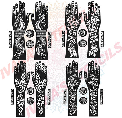 IVANA'S Full Hand Mehndi Stencil Design Full Hand Set | Henna Tattoo stencil for Women Girls and kids | Easy to use in just 4 steps | Mehandi Sticker FL-24-08-09-14-15 Stencil(Pack of 4, Hand And Body)