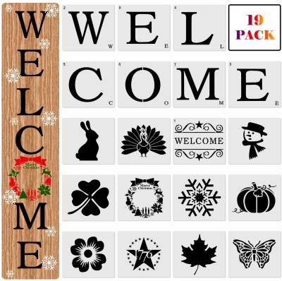 IVANA'S 19 Pieces Welcome Sign Stencils Painting on Wood Stencils Plastic Seasonal Patte rn Stencils Sign Templates Reusable Porch Sign Halloween Fall Thanksgiving Stenc ils Christmas Stencils Templates Stencil(Pack of 19, Art & Craft Paitning Stencil)