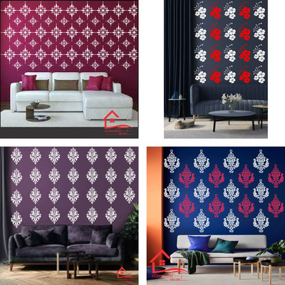 FLEXISHINE DECOR Wall Stencils (Size:- 16X24 Inch Theme-Modern.Rose.Damask.and Geometryical Suitable For Bedroom, Drawing Room & Office Decoration Modern Home Wall Arts Stencil(Pack of 4, STENCIL)