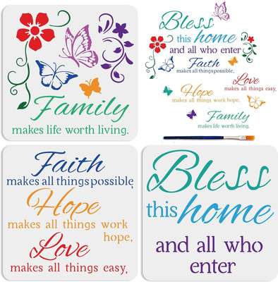 Devasya Crafts 3pcs Inspirational Word Stencil Motivational Stencils Butterfly Flower Faith Hope Love Family Bless Patterns Combination Style 11.8×11.8inch with Paint Brush on Walls Front Door Stencil(Pack of 1, Art Stencils)