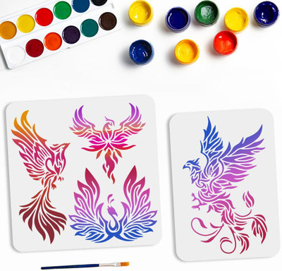 Devasya Crafts 2pcs Phoenix Stencils for Painting Firebird Drawing Stencil 4 Phoenixes 11.8×11.8/8.3×11.7inch DIY Art Template with Paint Brush for Wood Canvas Wall Furniture Stencil(Pack of 1, Art Stencils)