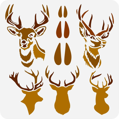 IVANA'S Deer Head Painting Stencil 11.8x11.8 inch Deer Horn Plastic Stencil Reusable FIN-1638 Modern Art & Craft Stencil(Pack of 1, Floral, Abstract, Unique, Border Stencil)