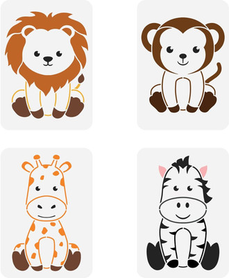 IVANA'S Nursery Animal Stencil 4PCS 11.7x8.3 inch Plastic PET Lion Monkey Giraffe Zebra FIN-0440 Modern Art & Craft Stencil(Pack of 1, Floral, Abstract, Unique, Border Stencil)