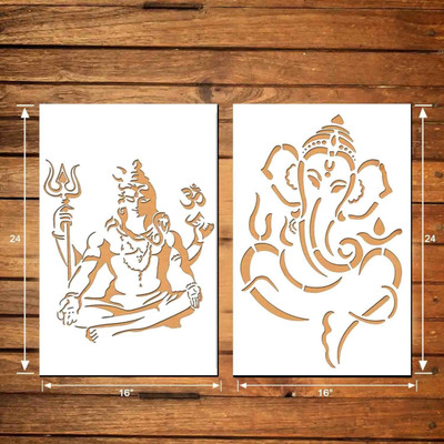 ARandNJ Combo Painting Wall Stencils (Size:- 16X24 Inch) DEVOTIONAL ART THEME- Lord Ganesha and Bhagwan Shiv DIY Reusable Design Ideal For Entrance, Pooja Room, Drawing Room & Office Decoration Modern Pattern Wall Stencil(Pack of 2, Wall Stencil)