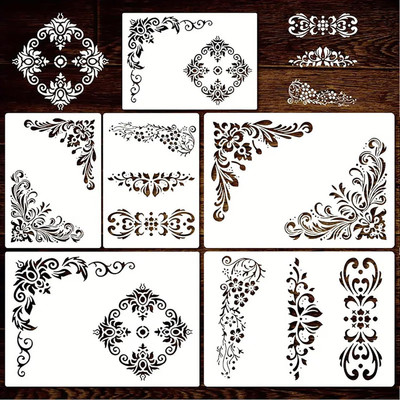 CLITHS Pack of 6 Corner Painting Stencils, Damask Border for Furniture DIY Home Decor Craft Templates 11.7x8.3 INCH Walls, Fabric Floor Stencil(Pack of 6, Washable Durable PET)
