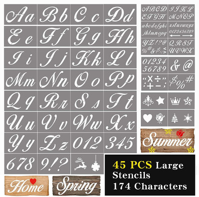DEQUERA Letter Stencils for Painting on Wood, 45 Pcs 174 Characters Large Letter Stencil s with Calligraphy Font Alphabet, Number and Signs - Plastic Art Stencils for Cr aft, Reusable, Cursive Stencil(Pack of 1, Larger Letter Stencil)
