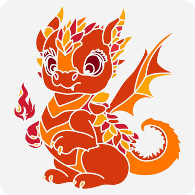 IVANA'S Cute Little Fire Dragon Painting Stencil 11.8x11.8 inch Reusable Cute Dragon FIN-1441 Modern Art & Craft Stencil(Pack of 1, Floral, Abstract, Unique, Border Stencil)