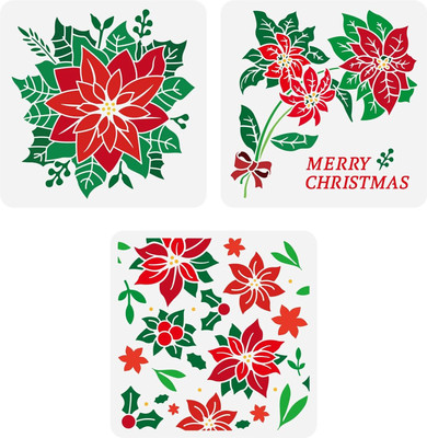 IVANA'S 3 PCS Poinsettia Stencil for Painting 11.8x11.8inch Merry Christmas Painting FIN-1395 Modern Art & Craft Stencil(Pack of 3, Floral, Abstract, Unique, Border Stencil)