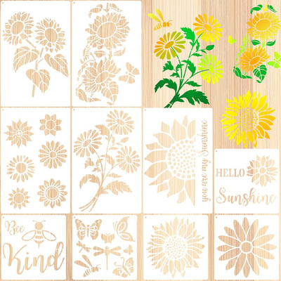 IVANA'S 10 Pieces Sunflower Stencils Butterfly Bee Reusable Template You are My Sunshine Stencil Daisy Painting Template with Metal Open Ring for DIY Painting on Wood W all Home Decor Supplies Stencil(Pack of 10, Art & Craft Paitning Stencil)