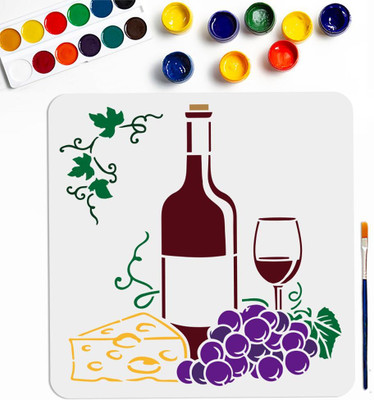 Devasya Crafts Wine Grape Cheese Stencil 11.8×11.8inch Large Red Wine Bottles and Glasses Stencils with Paint Brush Reusable Grape Leaf Vine Drawing Template for Craft Furniture Fabric Wall Stencil(Pack of 1, Art Stencils)