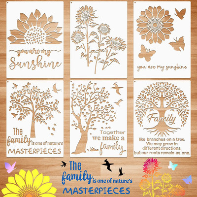 IVANA'S 6 Pieces Sunflower Stencil Kit, Reusable Family Tree Stencil Flower Butterfly Pa inting Templates You are My Sunshine Stencil with Metal Open Ring for Painting o n Wood Wall Decor Stencil(Pack of 6, Art & Craft Paitning Stencil)