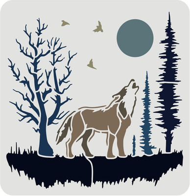 IVANA'S Wolf Stencil for Painting 11.8x11.8 inch Plastic Forest Trees Craft Stencils Moo FIN-0100 Modern Art & Craft Stencil(Pack of 1, Floral, Abstract, Unique)