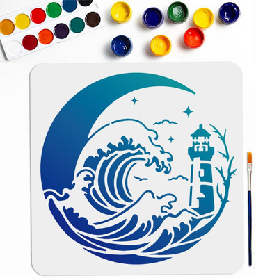 Devasya Crafts Moon Waves Lighthouse Stencil 11.8×11.8inch Large Nautical Lighthouse Sea Waves Stencils with Paint Brush Moonlight Ocean Lighthouse Scenery Drawing Template for Craft Furniture Fabric Wall Stencil(Pack of 1, Art Stencils)