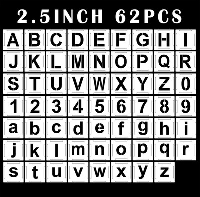 DEQUERA 2.5 inch Letter Stencils and Numbers, 62 Pcs Alphabet Art Craft Stencils, Reusab le Plastic Number Templates Letter Stencils for Wood, Wall, Fabric, Rock, Chalkb oard, Signage, Lettering Alphabet Stencil Stencil(Pack of 1, Larger Letter Stencil)