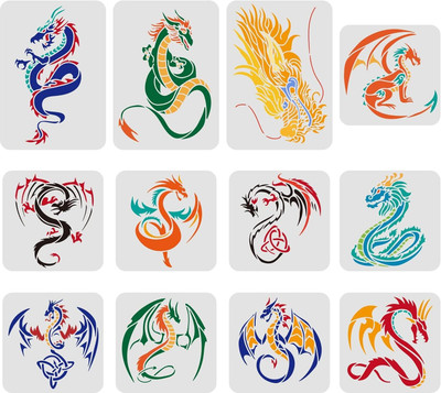 IVANA'S 12 Pcs Dragon Stencils Drawing Painting Templates Sets Plastic Flying Dragon FIN-1552 Modern Art & Craft Stencil(Pack of 12, Floral, Abstract, Unique, Border Stencil)
