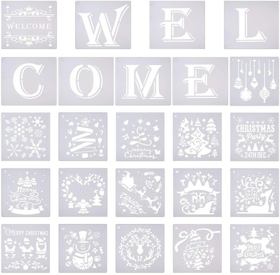 IVANA'S 24 Pieces Christmas Stencils for Painting on Wood, Welcome Sign Stencil Template s and Christmas Decoration Pattern Stencils, Reusable Plastic Stencils for Sewin g Supplies Stencil(Pack of 24, Art & Craft Paitning Stencil)