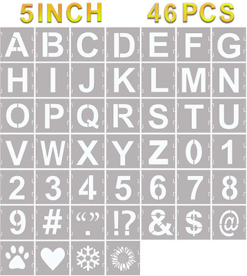 DEQUERA 46 Pcs Letter Stencils Symbol Numbers Craft Stencils, Reusable Alphabet Template s Interlocking Stencil Kit for Painting on Wood, Wall, Fabric, Rock, Chalkboard, Sign, DIY Art Projects (5 Inch) Stencil(Pack of 1, Larger Letter Stencil)