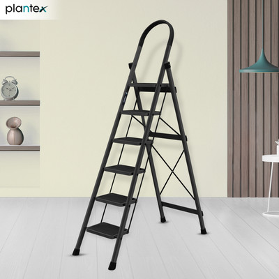 Plantex Ladder for Home/Anti-Skid Strong Foldable Wide 6 Step Ladder-(Apex -Black) Steel Ladder(With Platform)