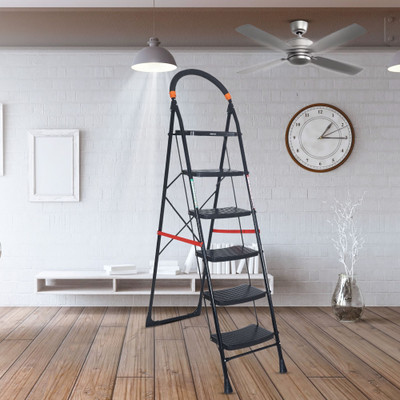 FLIPZON Premium Heavy Foldable Cameo 6 Steps Ladder with Wide Steps & Anti-Skid Shoes - Black Steel Ladder(With Platform, Hand Rail)
