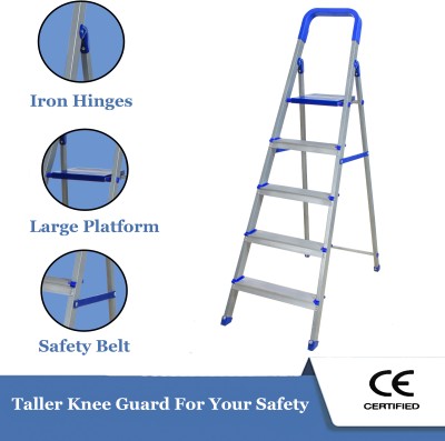 HOMELL Hybrid Aluminum Step- 5 Step Silver Powder Coated Side Section Steel Ladder(With Platform)