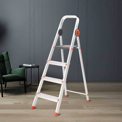Bathla Advance Pro 4-Step Foldable Aluminium Ladder for Home | Orange | 7-Year Warranty Aluminium Ladder(With Platform)