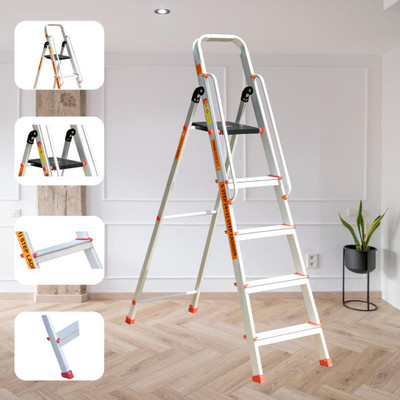Prime Safe-T 5Step (4+1) Foldable Ladder for Home and Office Use with Hand-Rails| Aluminium Ladder(With Platform, Hand Rail)