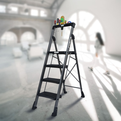 Plantex Mild-Steel Hulk Folding 4 Step Ladder for Home with Advanced Locking System Steel Ladder(With Platform, Tool Tray)