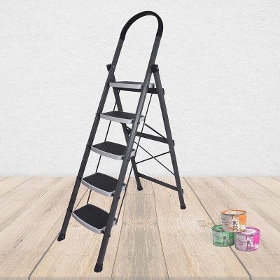 Plantex High-Grade Heavy Folding 5 Step for Home - Wide Anti-Skid (Gray & White) Steel Ladder(With Platform, Hand Rail)