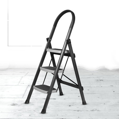 Plantex Premium Steel Folding 3 Step Ladder for Home - 3 Wide Anti Skid Steps (Grey) Steel Ladder(With Platform, Hand Rail)