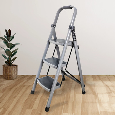 iBELL IBL T003E 3 Step Foldable Ladder with 150 kg Capacity, Wide Anti-Skid Steps Steel Ladder(With Platform, Hand Rail)