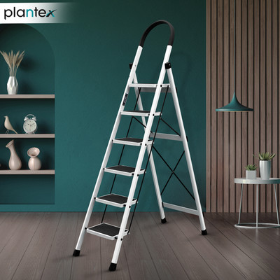 Plantex Anti-Skid Strong Foldable Wide 6 Step Ladder/Ladder for Home-(White-Apex) Steel Ladder(With Platform)