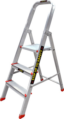 EMAC Aluminium 3 Steps Folding Ladder for Home, Shop & Office Use Slip Resistant Step Aluminium Ladder(With Platform, Hand Rail)