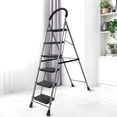 LEOPAX 6 Step Ladder for Home with Safety-Clutch & Wide Anti Skid Steps Stool Foldable Steel Ladder(With Platform, Hand Rail)