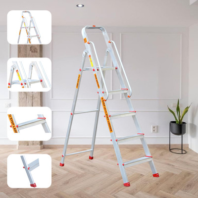 Prime Safe Pro 5Step (4+1) Foldable Ladder for Home and Office Use with Hand-Rails| Aluminium Ladder(With Platform, Hand Rail)