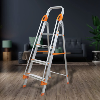 Plantex Secura Fully Aluminium Foldable 4-Step Ladder with Safe Hand Rail(Orange-Silver) Aluminium Ladder(With Platform, Hand Rail)