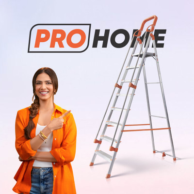 ProHome 8 Steps Ladder with Railing and Anti Slip Shoes Aluminium Ladder(With Platform, Hand Rail)