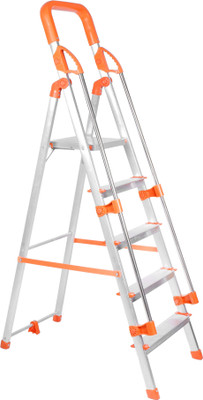 Mizu 5 Steps Ladder With Railing For Home| 400 Kgs Load Capacity & Anti-Skid Shoes Aluminium Ladder(With Platform, Hand Rail)