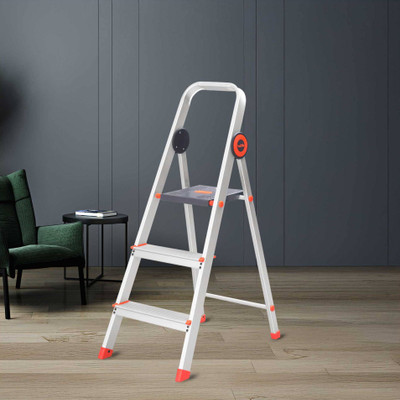 Bathla Advance Pro 3-Step Foldable Aluminium Ladder for Home | Orange | 7-Year Warranty Aluminium Ladder(With Platform)
