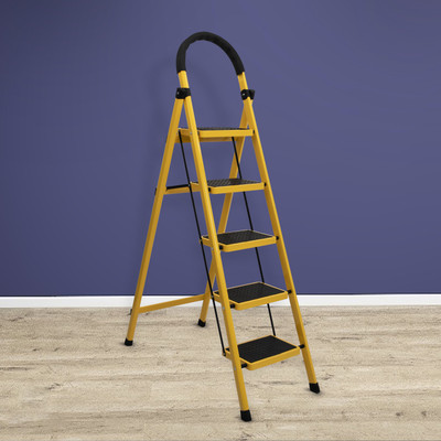 Plantex Compact Foldable 5-Step for Home - Wide Anti Skid (Yellow & Black) Steel Ladder(With Platform)