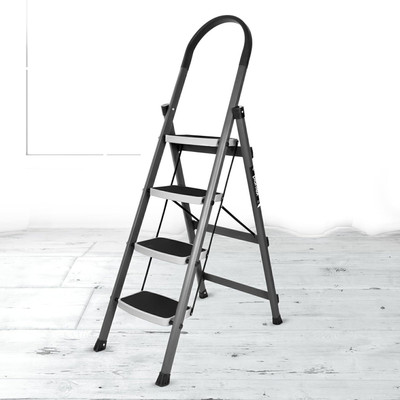 Plantex High-Grade Heavy Steel Folding 4 Step Ladder for Home - 4 Wide Anti-Skid Steps (Gray & White) Steel Ladder(With Platform, Hand Rail)