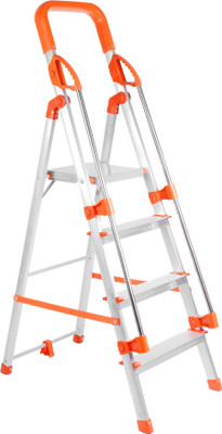 Mizu 4 Steps Ladder With Railing For Home| 400 Kgs Load Capacity & Anti-Skid Shoes Aluminium Ladder(With Platform, Hand Rail)