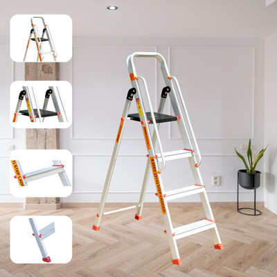 Prime Safe-T 4Step (3+1) Foldable Ladder for Home and Office Use with Hand-Rails| Aluminium Ladder(With Platform, Hand Rail)